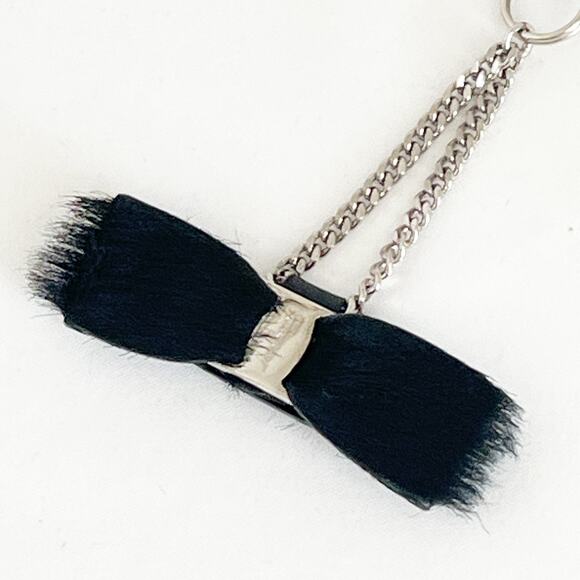 FERRAGAMO Vara Bow Metal Chain Cell Phone Strap Charm Black Leather Fur - Picture 1 of 12